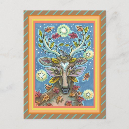 フォークアートディアー秋の森、鳥の巣&月 ポストカード (正面)
