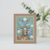 フォークアートディアー秋の森、鳥の巣&月 ポストカード (スタンド正面)