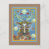 フォークアートディアー秋の森、鳥の巣&月 ポストカード (正面)