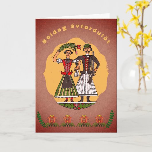 フォークアートハンガリーカップルハッピー記念日 カード (黄色い花)