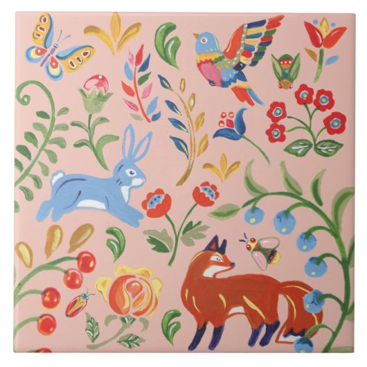 フォークアートピンクアニマルウッドランドフローラキツネウサギ タイル (正面)
