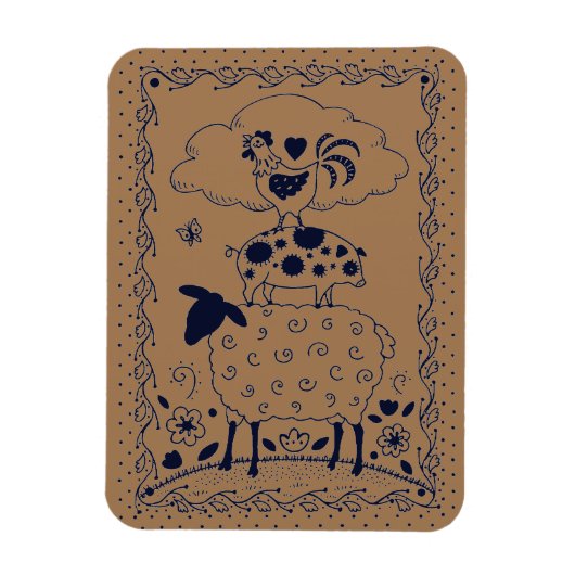 フォークアートファーム動物の羊、豚、鶏の国 マグネット (縦)