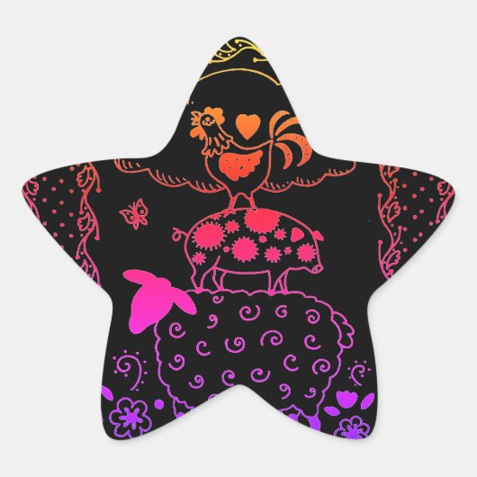 フォークアートファーム動物ヒツジ、ブタ、オンドリ 星シール (正面)