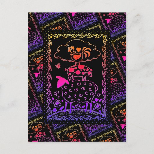 フォークアートファーム動物羊の豚の鶏初期の屋 ポストカード (正面)