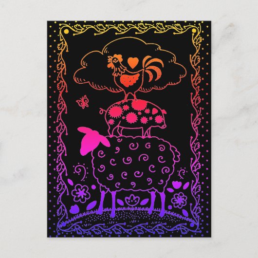 フォークアートファーム動物羊の豚の鶏初期の屋 ポストカード (正面)