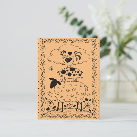 フォークアートファーム動物羊の豚の鶏初期の屋 ポストカード (スタンド正面)