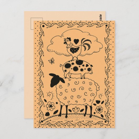 フォークアートファーム動物羊の豚の鶏初期の屋 ポストカード (正面/裏面)