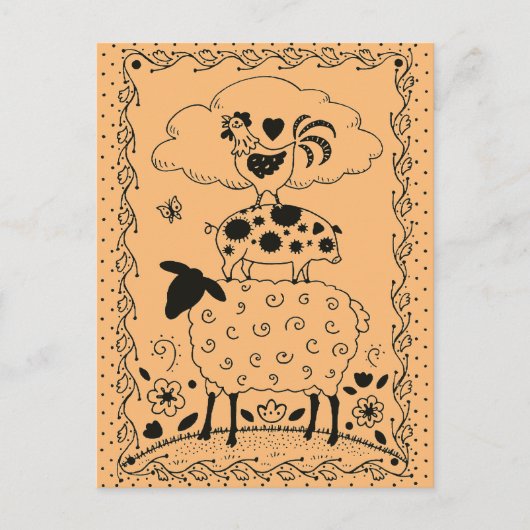 フォークアートファーム動物羊の豚の鶏初期の屋 ポストカード (正面)