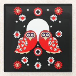 フォークアートフクロウ ガラスコースター