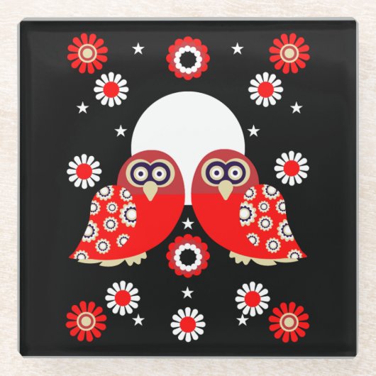 フォークアートフクロウ ガラスコースター (正面)