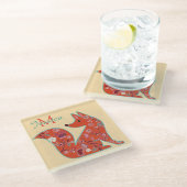 フォークアートフラワーパターンキツネ パーソナライズされた ガラスコースター (アングル)