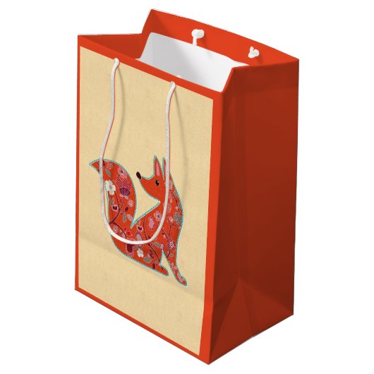 フォークアートフラワーパターンキツネ パーソナライズされた ミディアムペーパーバッグ