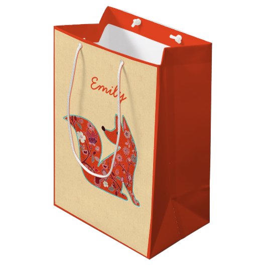 フォークアートフラワーパターンキツネ パーソナライズされた ミディアムペーパーバッグ (正面アングル)