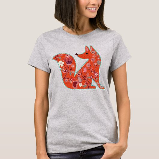 フォークアートフラワーパターンキツネ Tシャツ (正面)