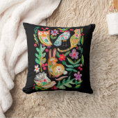 フォークアートフローラアニマルフレンズブラック装飾用クッション クッション (ブランケット)