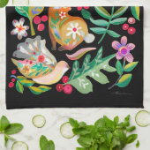 フォークアートフローラアニマルフレンズブラック キッチンタオル (折り畳み)