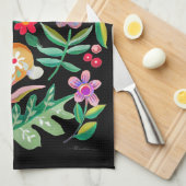 フォークアートフローラアニマルフレンズブラック キッチンタオル (四つ折り)