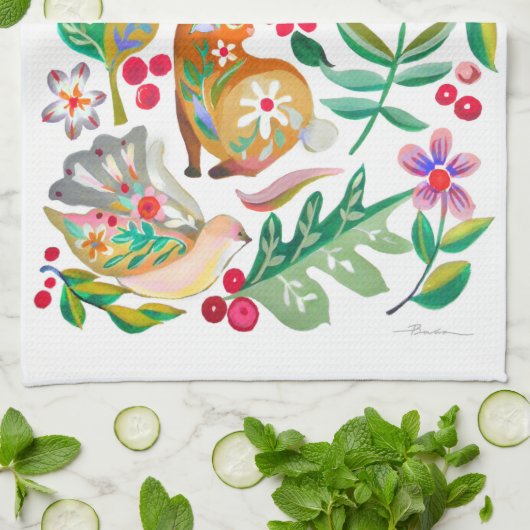 フォークアートフローラアニマルフレンズホワイト キッチンタオル (折り畳み)