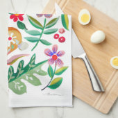 フォークアートフローラアニマルフレンズホワイト キッチンタオル (四つ折り)