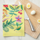 フォークアートフローラアニマルフレンズ淡い色のイエロー キッチンタオル (四つ折り)