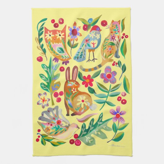 フォークアートフローラアニマルフレンズ淡い色のイエロー キッチンタオル (縦)