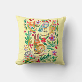 フォークアートフローラアニマルフレンズ淡い色のイエロー クッション