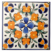 フォークアートフローラオレンジ&ブルーフラワーズ タイル (正面)