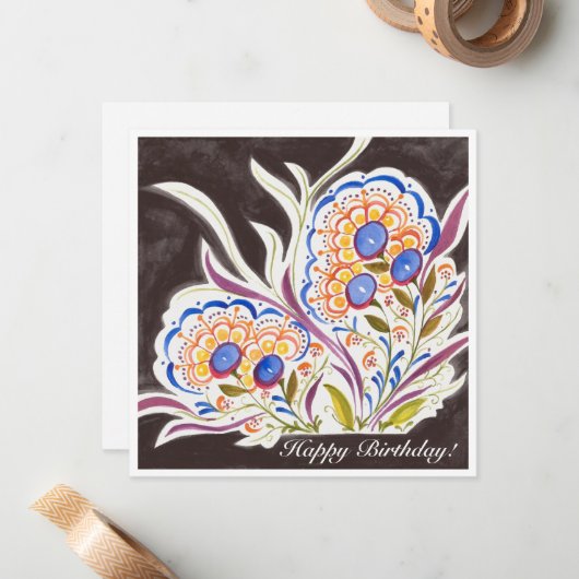 フォークアートフローラスクエア展開誕生日カード ノートカード (正面/裏面インサイチュ)