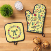 フォークアートフローラパステルズオンブライトイエロー 鍋つかみ&鍋敷きセット (トップダウン)