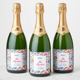 フォークアートフローラフィエスタモノグラム結婚ズデコール スパークリングワインラベル