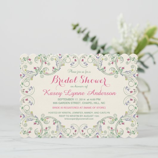 フォークアートフローラリースブライダルシャワー招待状 招待状 (スタンド正面)