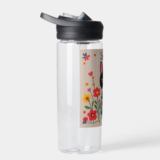 フォークアートブラックキャット&フラワーパーソナライズされた ウォーターボトル (右面)