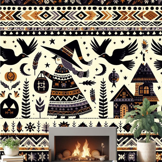 フォークアートブラックバーズカボンプキンズウィッチハ幽霊のよく出るウス 壁紙 (Folk Art Black Birds Pumpkins Witch Haunted House Wallpaper )