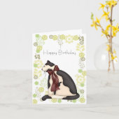 フォークアートブラック&ホワイトキティキャット誕生日 カード (黄色い花)