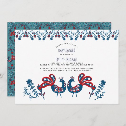 フォークアートベイビーシャワー招待状スカンジナビア鳥 招待状 (正面/裏面)