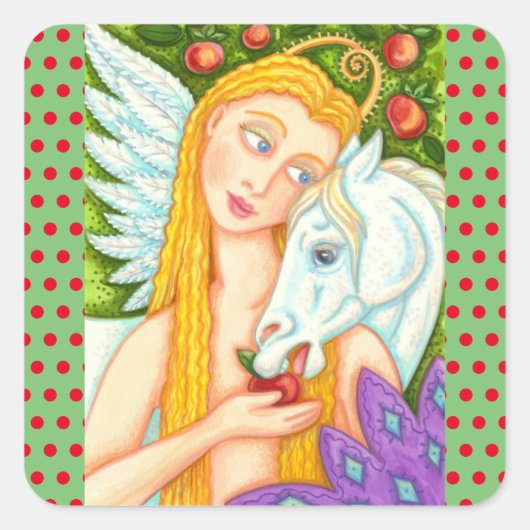 フォークアートペガサスとエバの庭のエデン、馬 スクエアシール (正面)