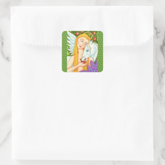 フォークアートペガサスとエバの庭のエデン、馬 スクエアシール (バッグ)