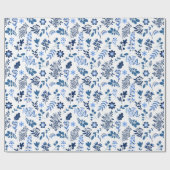 フォークアートボタニカルフローラプリントインディゴブルーホワイト ラッピングペーパー (フラット)