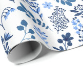 フォークアートボタニカルフローラプリントインディゴブルーホワイト ラッピングペーパー (ロールコーナー)