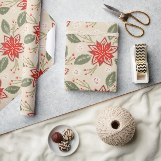 フォークアートポインセチア素朴クリスマス冬フローラ ラッピングペーパー (クラフト)