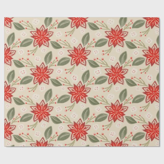 フォークアートポインセチア素朴クリスマス冬フローラ ラッピングペーパー (フラット)