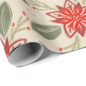 フォークアートポインセチア素朴クリスマス冬フローラ ラッピングペーパー (ロールコーナー)