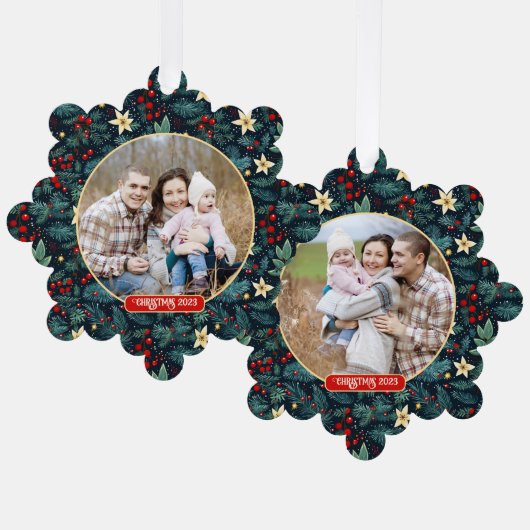 フォークアートミストレトーホリーベリークリスマスフォト オーナメントカード (正面/裏面)