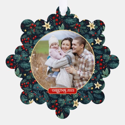 フォークアートミストレトーホリーベリークリスマスフォト オーナメントカード (裏面)