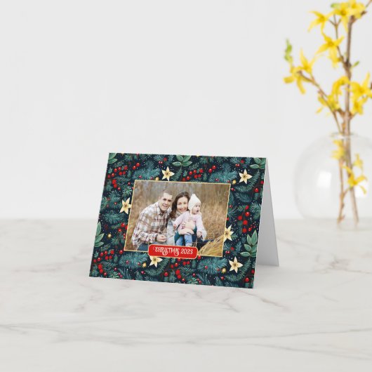 フォークアートミストレトーホリーベリークリスマスフォト カード (黄色い花)