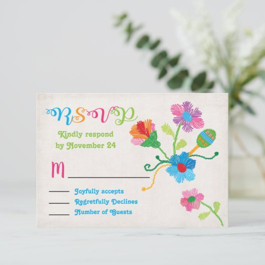 フォークアートメキシカンフィエスタ刺繍RSVP 出欠カード (スタンド正面)