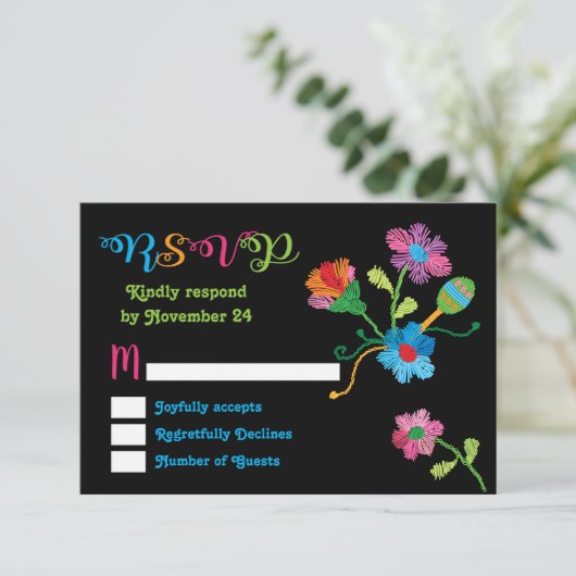 フォークアートメキシカンフィエスタ刺繍RSVP 出欠カード (スタンド正面)