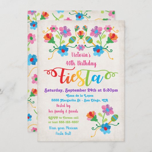 フォークアートメキシカンフィエスタ誕生日パーティーへの招待 招待状 (正面/裏面)