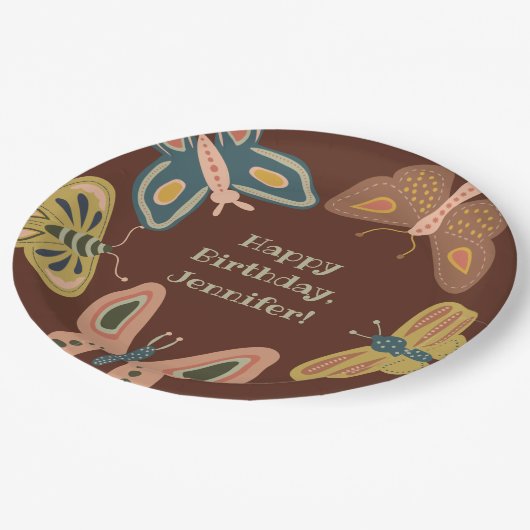 フォークアートモス蝶かわいらし茶色 ペーパープレート (アングル)