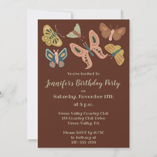 フォークアートモス蝶の誕生日パカスタムーティー 招待状 (正面)